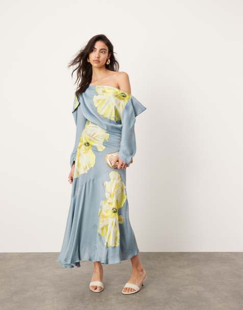 ASOS EDITION satin floral embroidered drape one shoulder midi dress in airforce blue