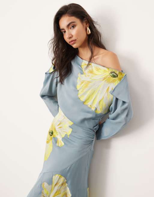 ASOS EDITION satin floral embroidered drape one shoulder midi dress in airforce blue