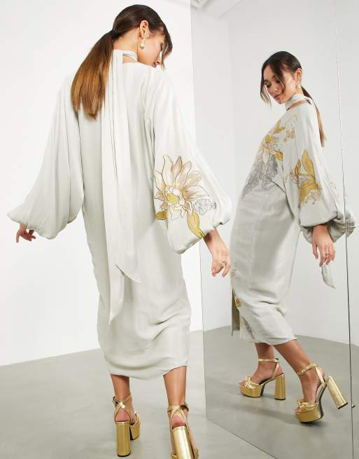 ASOS EDITION satin floral embroidered midi dress in sage green, 3 of 4