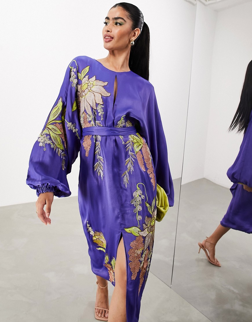 Asos Design Satin Floral Embroidered Midi Dress In Violet-purple