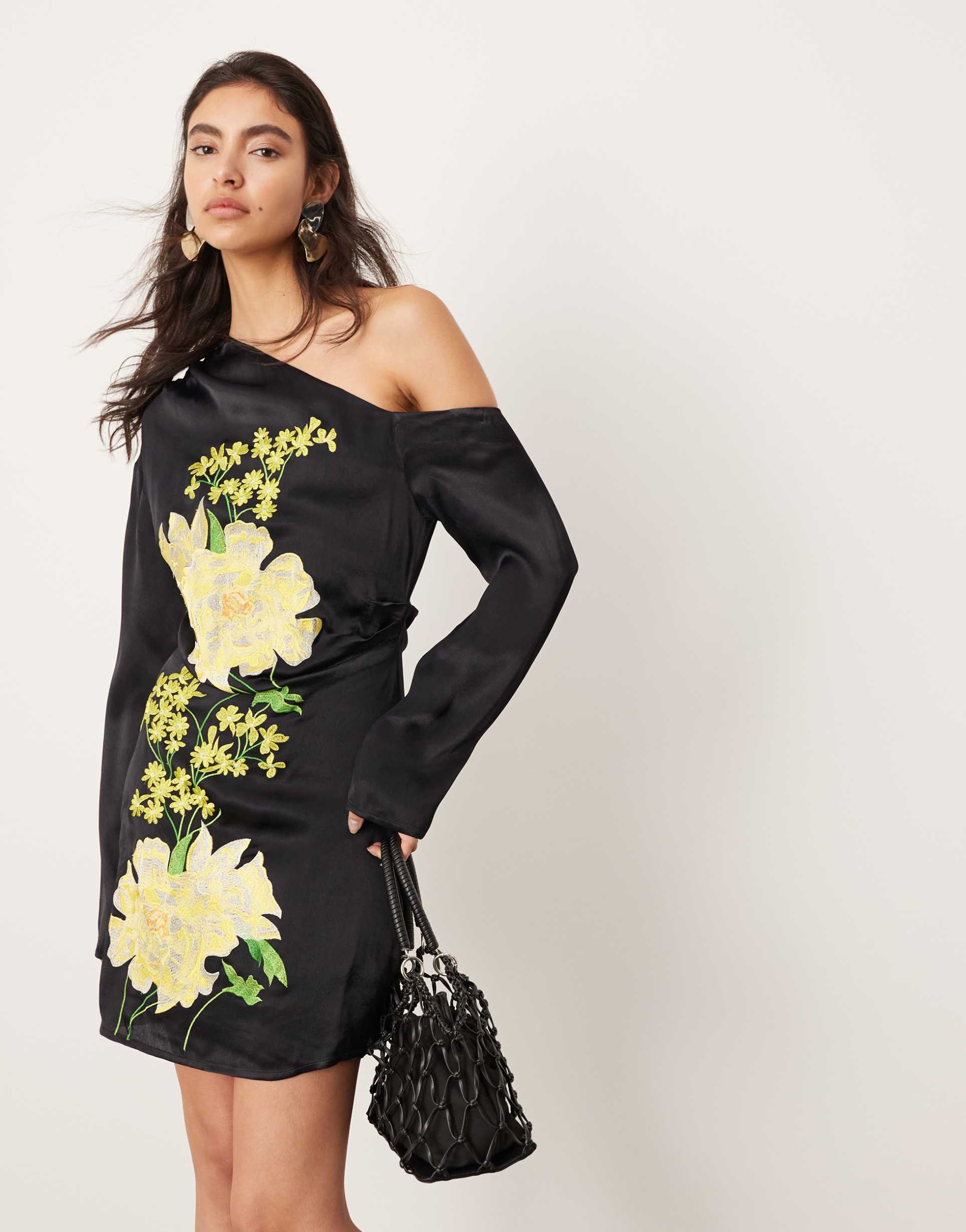 asos edition satin floral embroidered off shoulder long sleeve mini dress in black