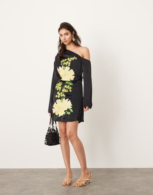 Black floral off the shoulder dress best sale