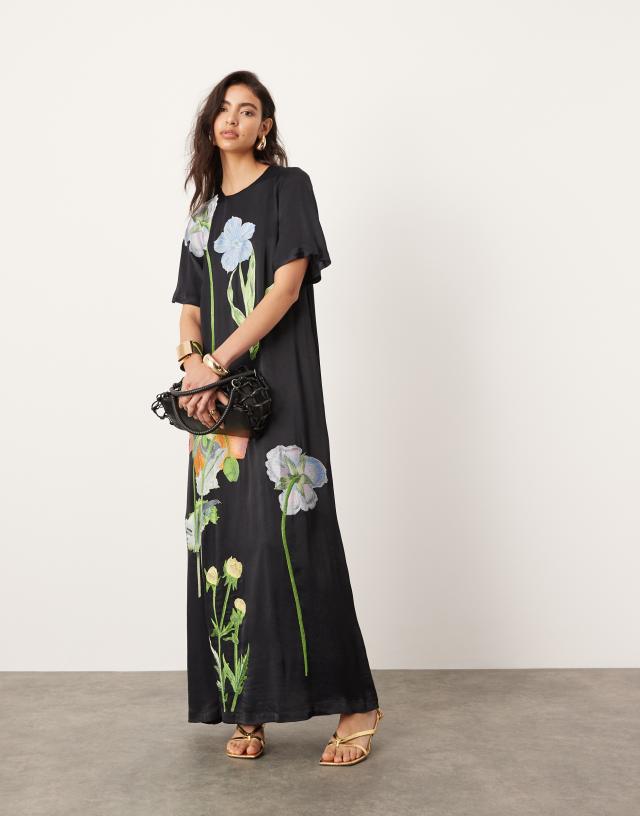 ASOS EDITION satin floral embroidered T-shirt maxi dress in black