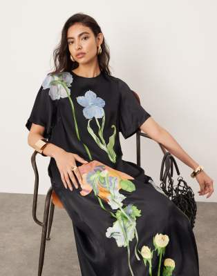 ASOS EDITION satin floral embroidered T-shirt maxi dress in black