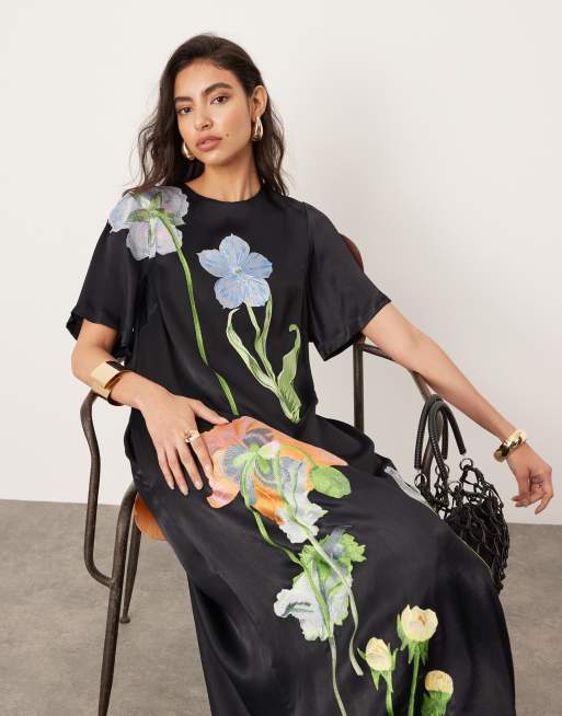 ASOS EDITION satin floral embroidered t shirt maxi dress in black