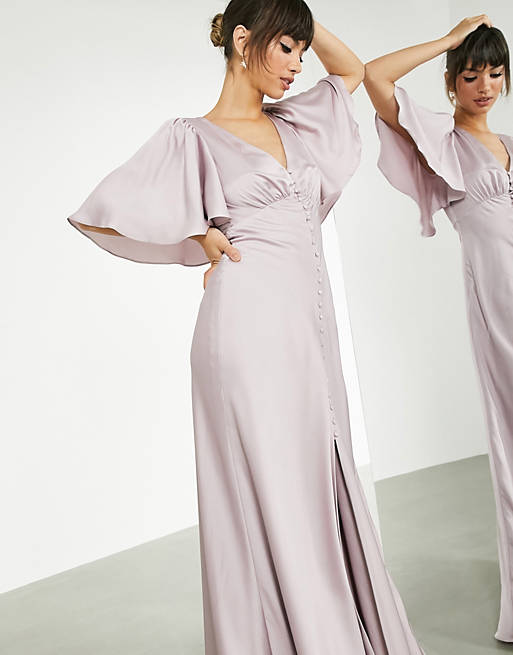 ASOS EDITION satin flutter sleeve maxi dress with button front in pale  lavender