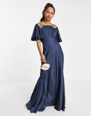 ASOS DESIGN Bridesmaid satin ruched halter neck maxi dress in petrol blue