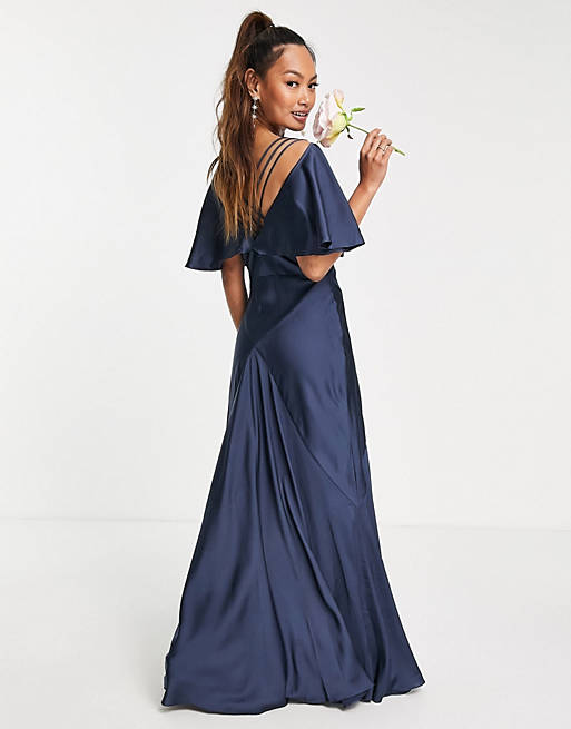 ASOS EDITION satin flutter sleeve maxi dress with strap details in petrol  blue