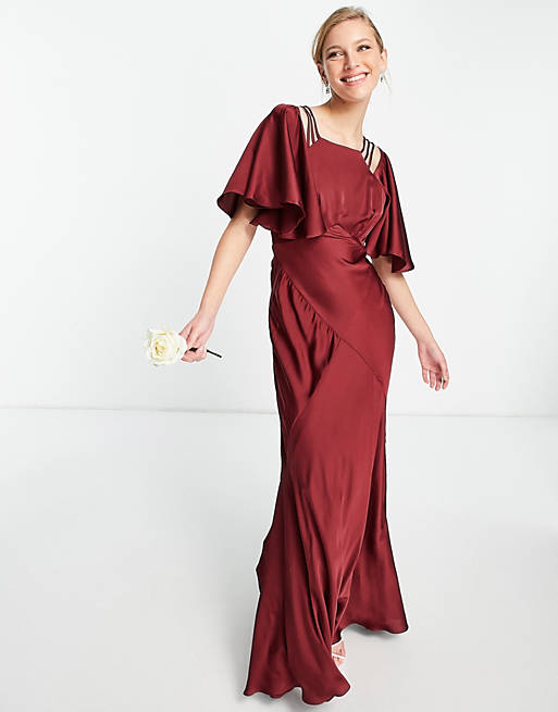 Women satin flutter sleeve maxi dress with strap details in wine 