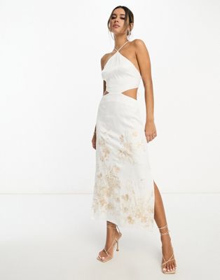 ASOS EDITION satin halter floral embroidered midi dress with cut out back in ivory