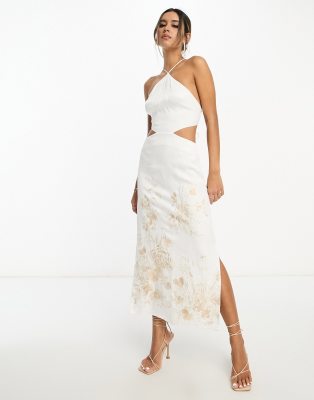 ASOS EDITION satin halter floral embroidered midi dress with cut out back in ivory