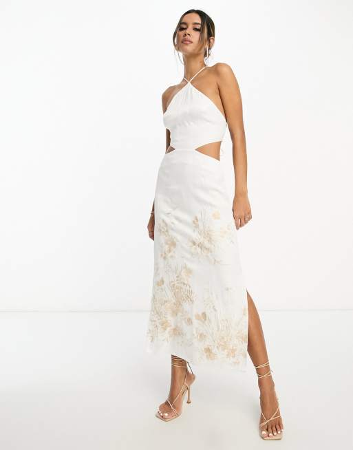 ASOS EDITION satin halter floral embroidered midi dress with cut-out back  in ivory