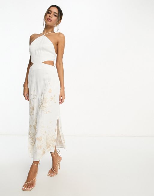 ASOS EDITION satin halter floral embroidered midi dress with cut out back  in ivory