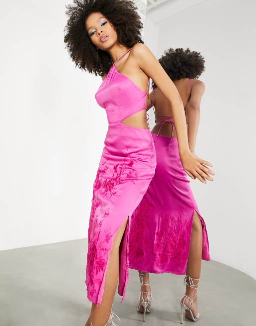 ASOS EDITION satin halter floral embroidered midi dress with cut out back  in pink