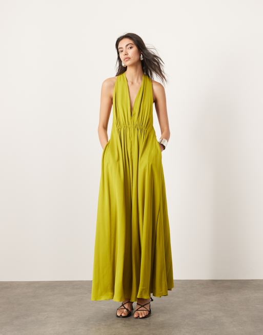 ASOS EDITION satin halter maxi dress with pockets and ruched detail in chartreuse