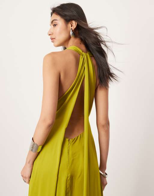 ASOS EDITION satin halter maxi dress with pockets and ruched detail in chartreuse, 3 of 4