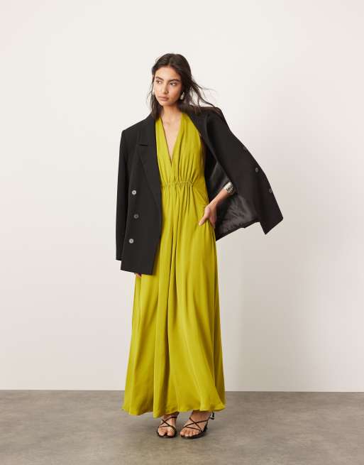 ASOS EDITION satin halter maxi dress with pockets and ruched detail in chartreuse, 4 of 4