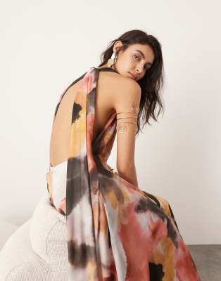 ASOS EDITION satin halter maxi dress with pockets and ruched detail in  watercolor print | ASOS