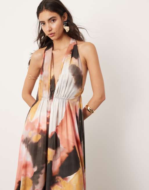 ASOS EDITION satin halter maxi dress with pockets and ruched detail in watercolor print
