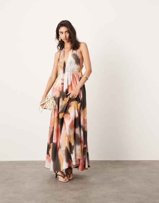 ASOS EDITION satin halter maxi dress with pockets and ruched detail in watercolour print ASOS