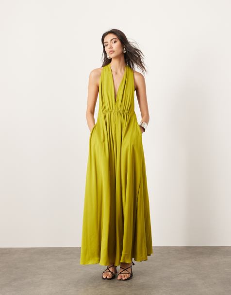ASOS EDITION satin halter maxi dress with pockets ruched detail in chartreuse - view 1