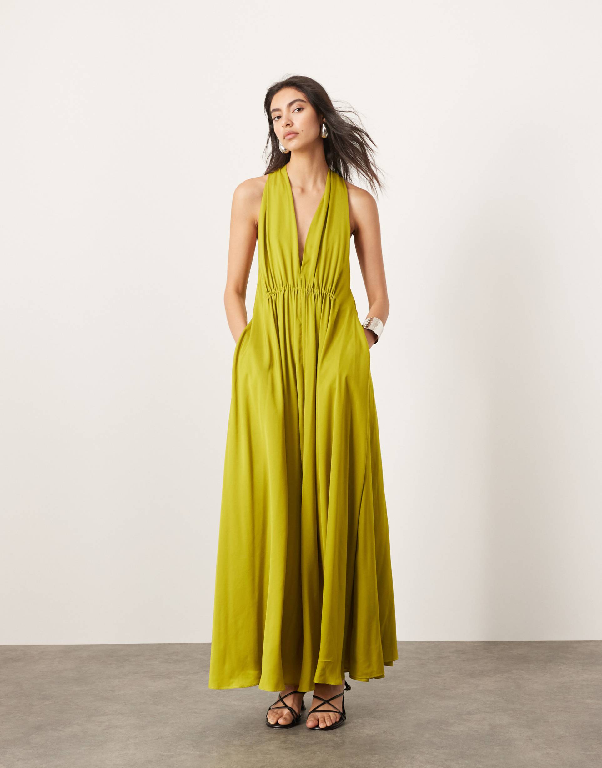 asos edition satin halter maxi dress with pockets ruched detail in chartreuse