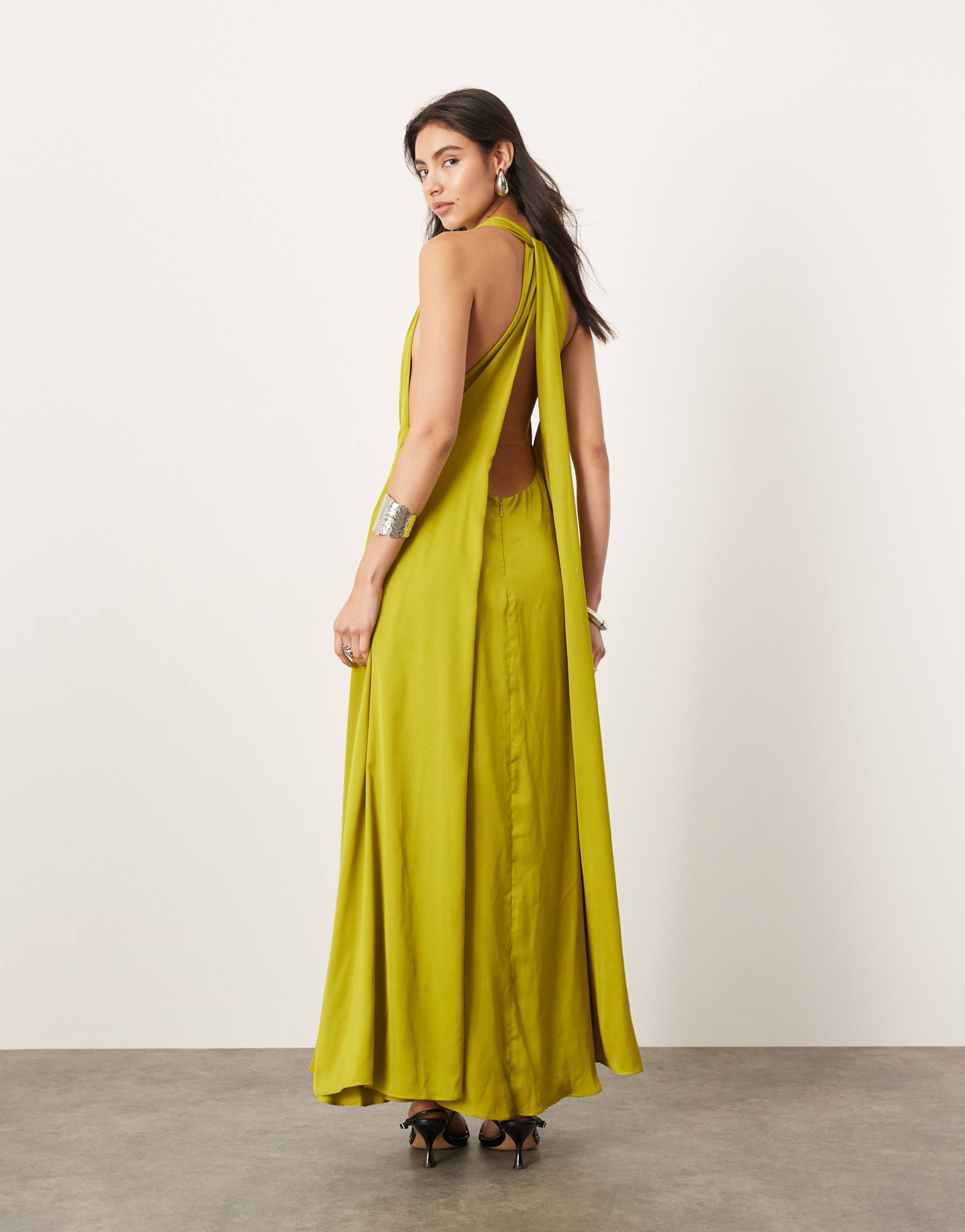 asos edition satin halter maxi dress with pockets ruched detail in chartreuse