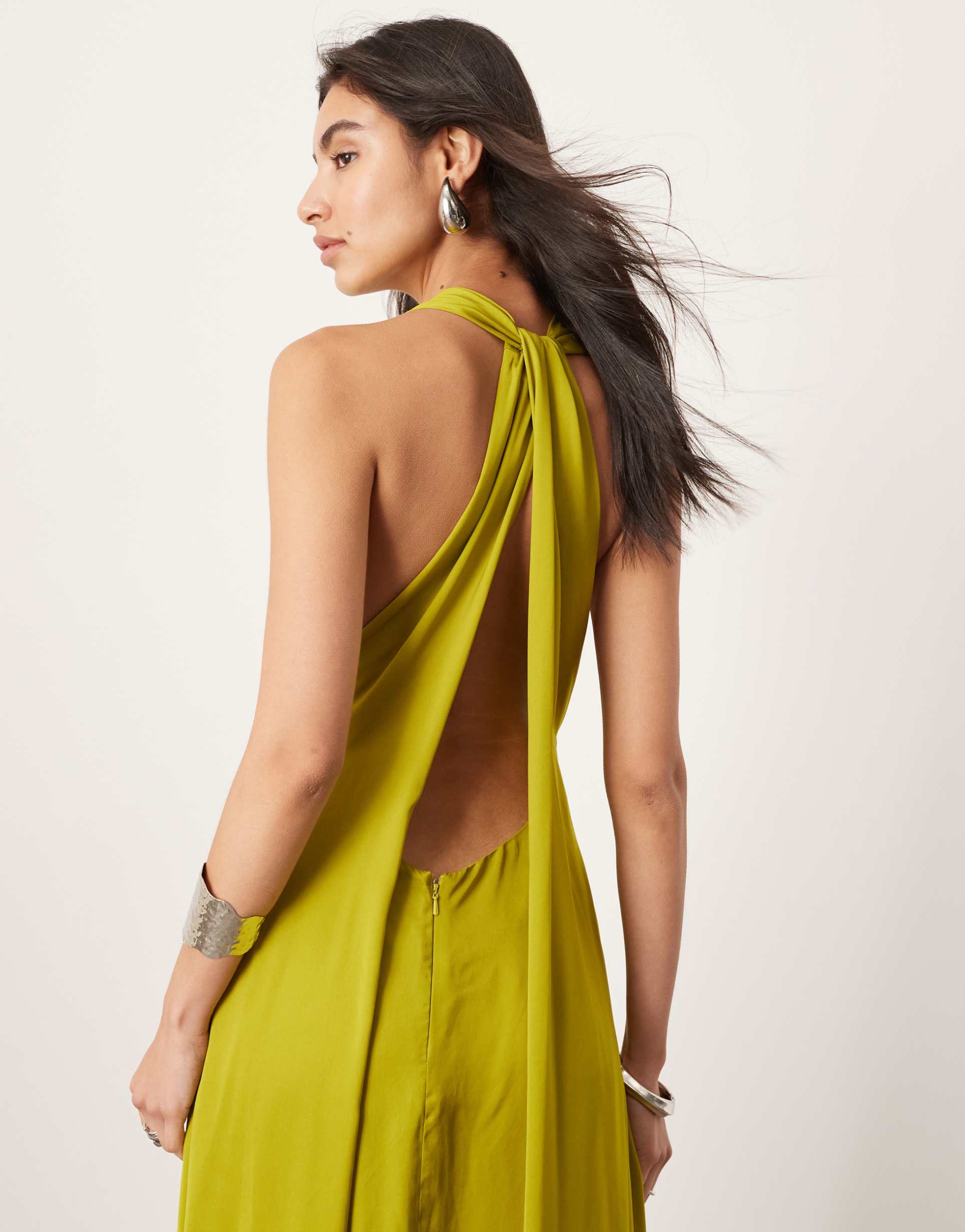 asos edition satin halter maxi dress with pockets ruched detail in chartreuse