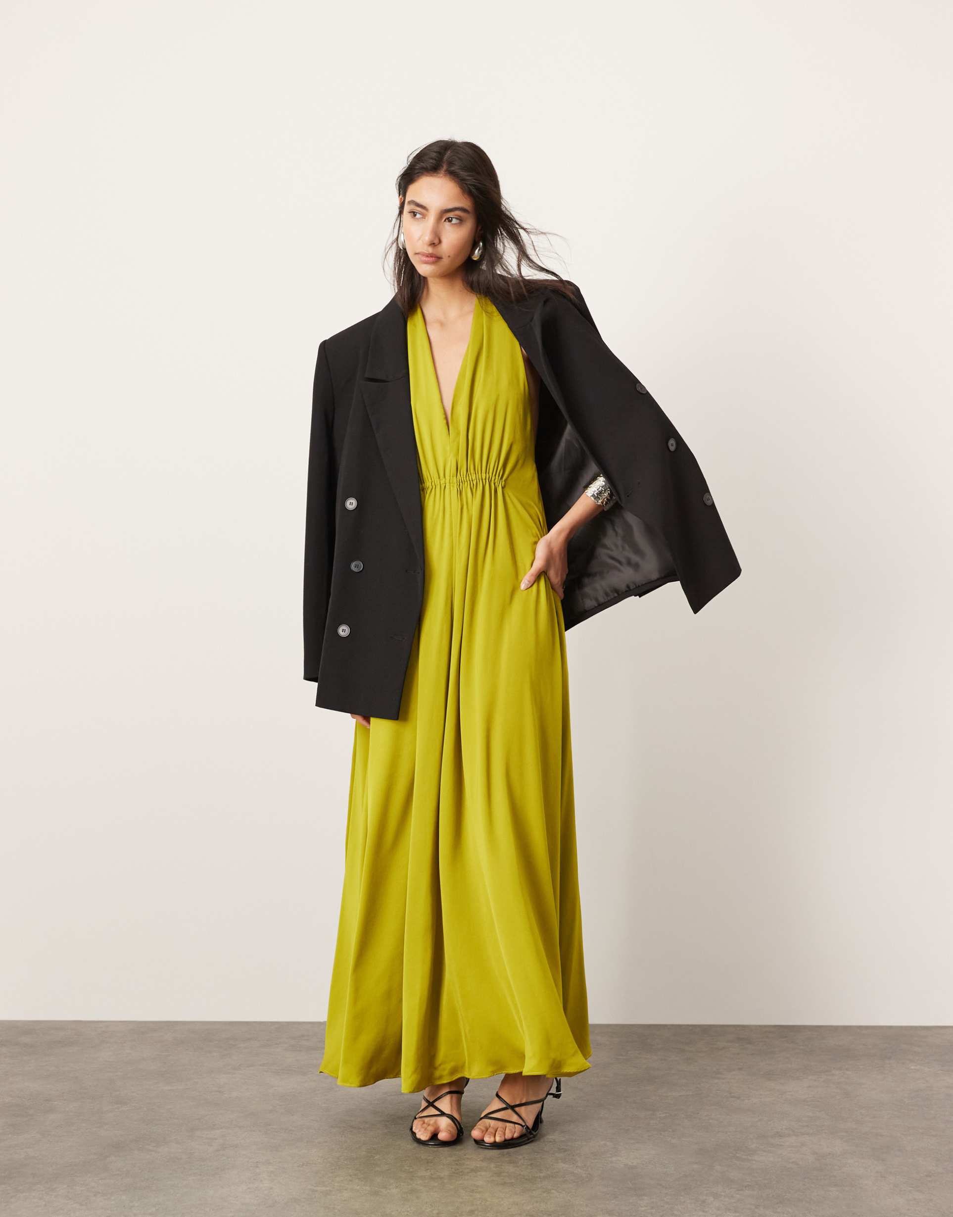asos edition satin halter maxi dress with pockets ruched detail in chartreuse
