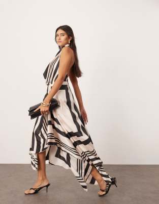 ASOS EDITION satin halterneck layered midi dress in irregular stripe print-Multi φωτογραφία