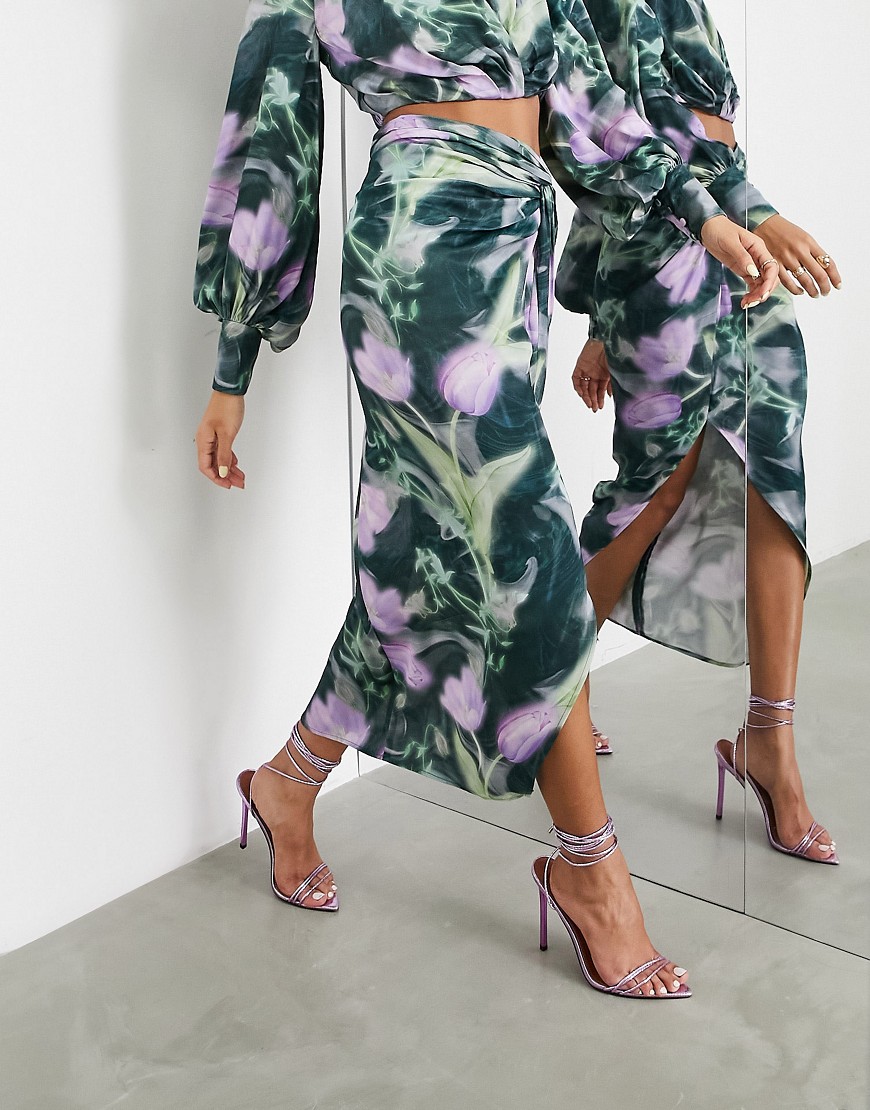 Asos Design Satin Knot Front Midi Skirt With Split In Blurred Floral Print-multi