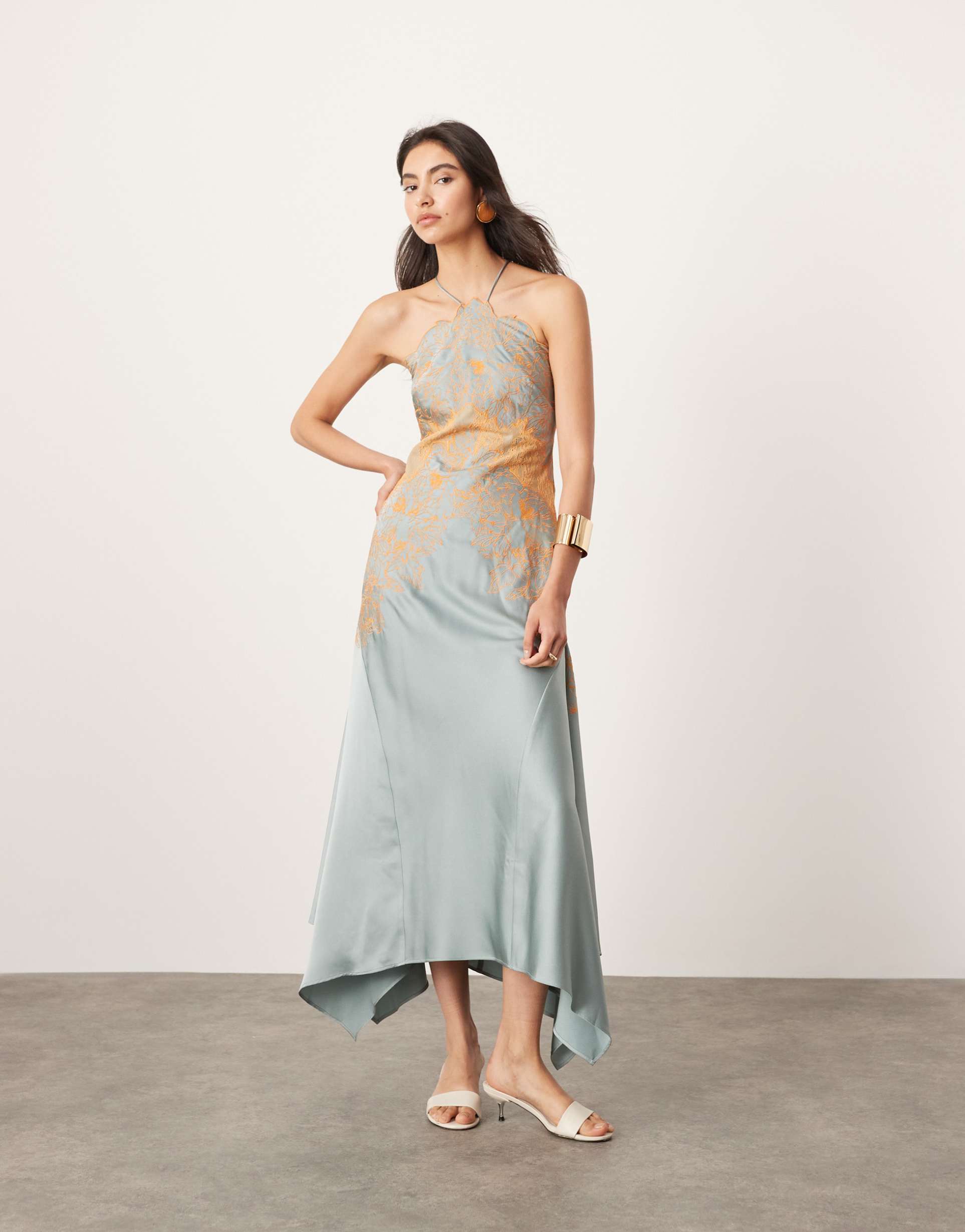 asos edition satin lace applique embroidered halterneck midi dress with hanky hem in blue