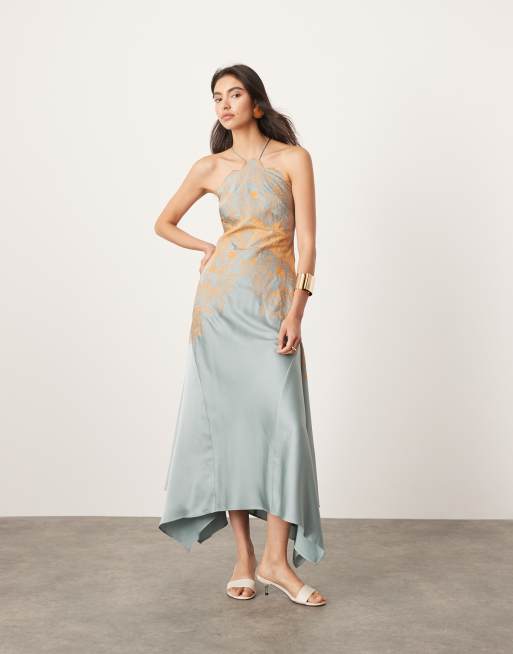 ASOS EDITION satin lace applique embroidered halterneck midi dress with hanky hem in blue