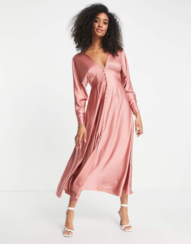 ASOS EDITION satin lattice-back midi dress in dusky rose