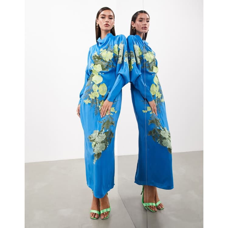 ASOS EDITION satin long sleeve embroidered midaxi dress with drawstring  back in bright blue | ASOS