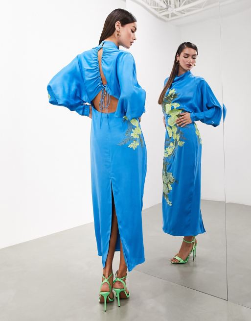 ASOS EDITION satin long sleeve embroidered midaxi dress with drawstring  back in bright blue