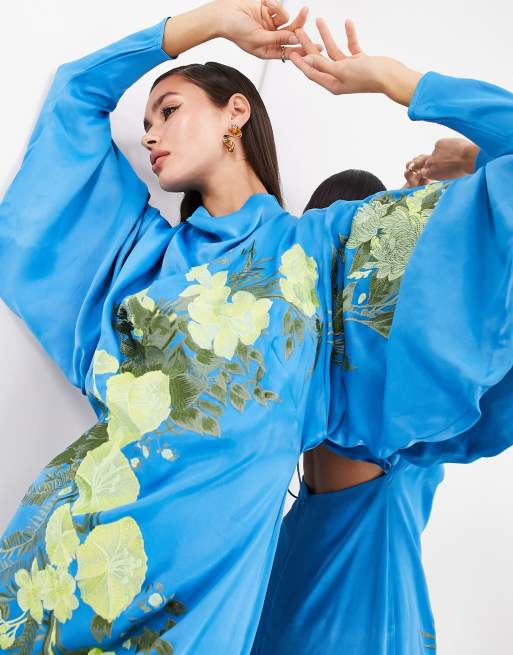 ASOS EDITION satin long sleeve embroidered midaxi dress with drawstring  back in bright blue | ASOS