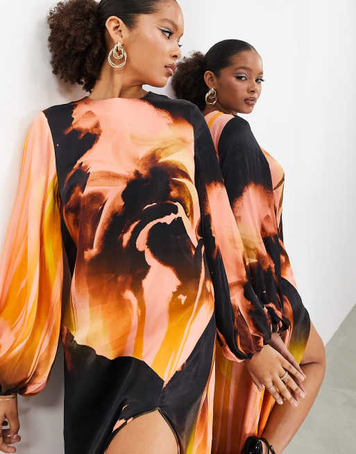 ASOS EDITION satin long sleeve maxi dress with split in abstract paint print