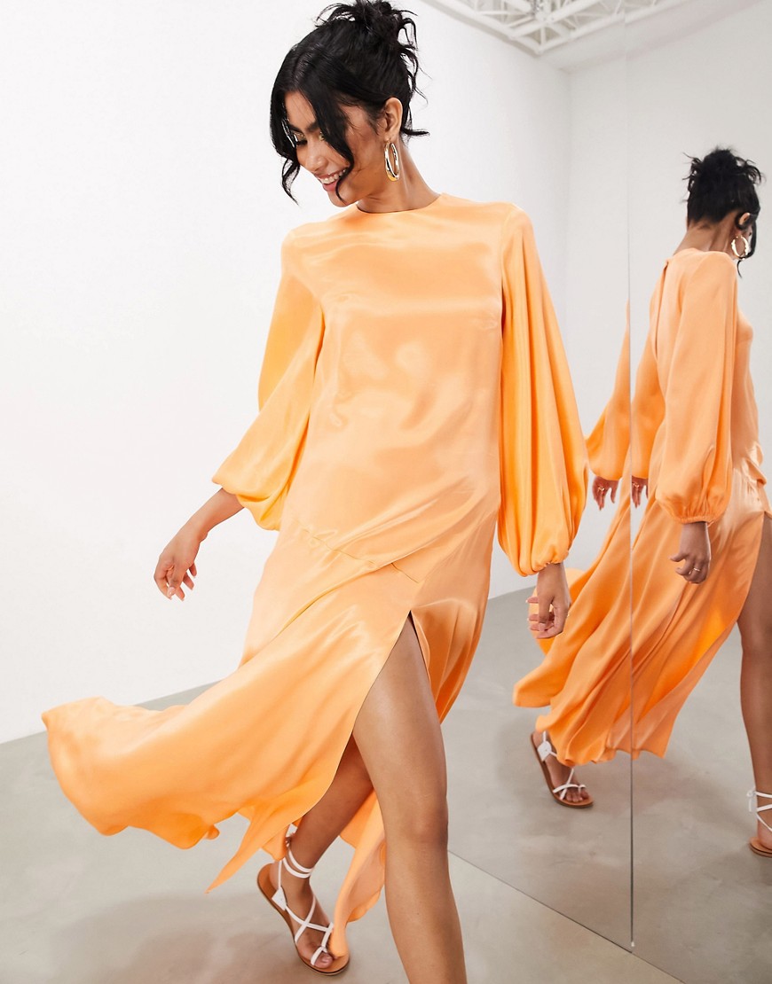 Asos Design Asos Edition Satin Long Sleeve Maxi Smock Dress In Orange