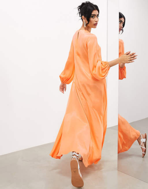 ASOS Edition satin long sleeve maxi smock dress in orange