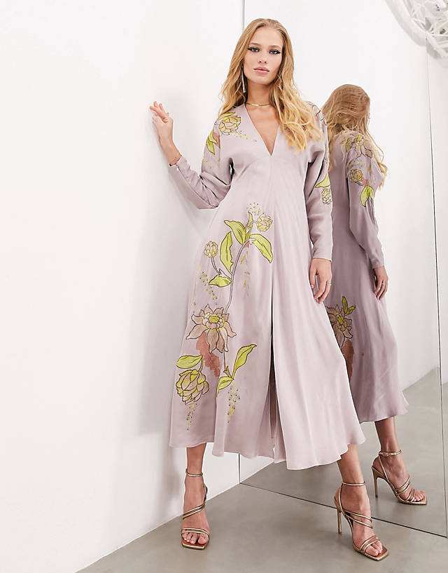 ASOS EDITION satin long sleeve midi dress in floral embroidery in lilac
