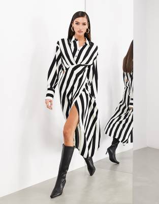 satin long sleeve shirt dress in monochrome stripe-Black