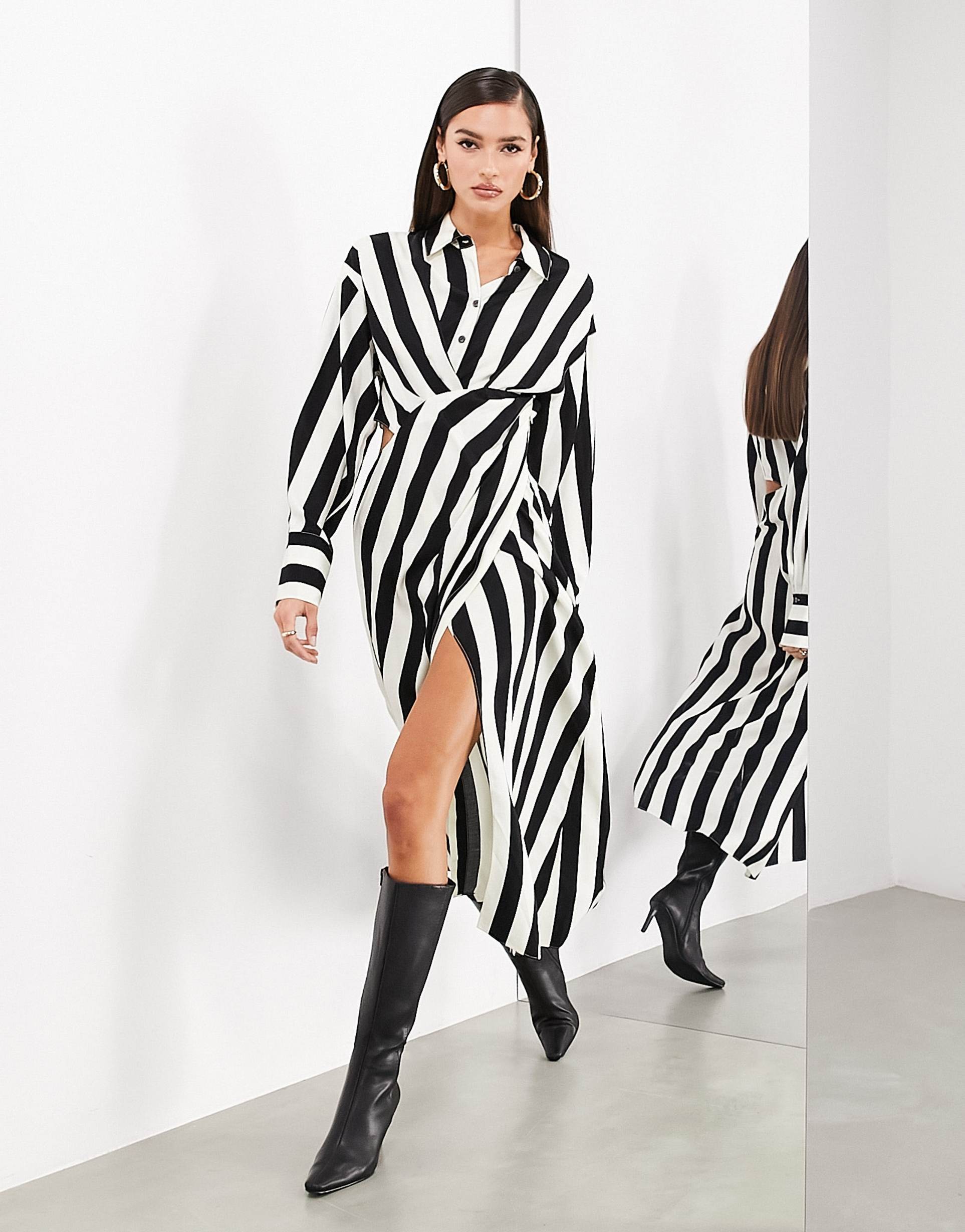 asos edition satin long sleeve shirt dress in monochrome stripe