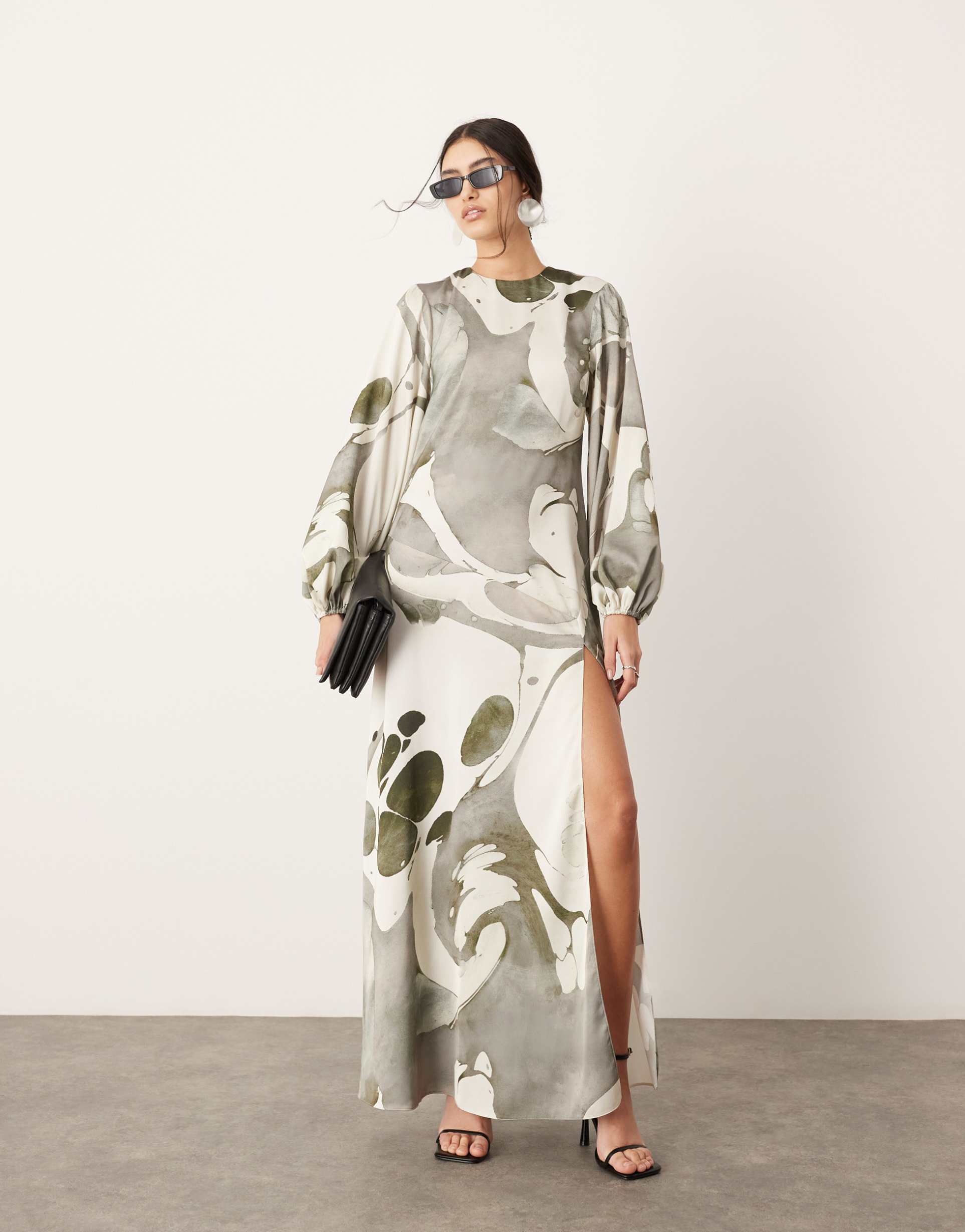 asos edition satin long sleeve smock dress in gray abstract print