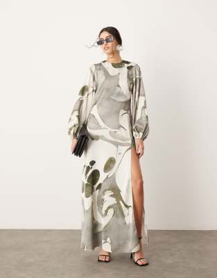ASOS EDITION ASOS EDITION satin long sleeve smock dress in grey abstract print-Multi