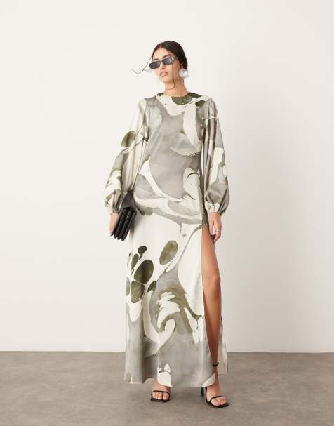 ASOS EDITION satin long sleeve smock dress in grey abstract print - view 1