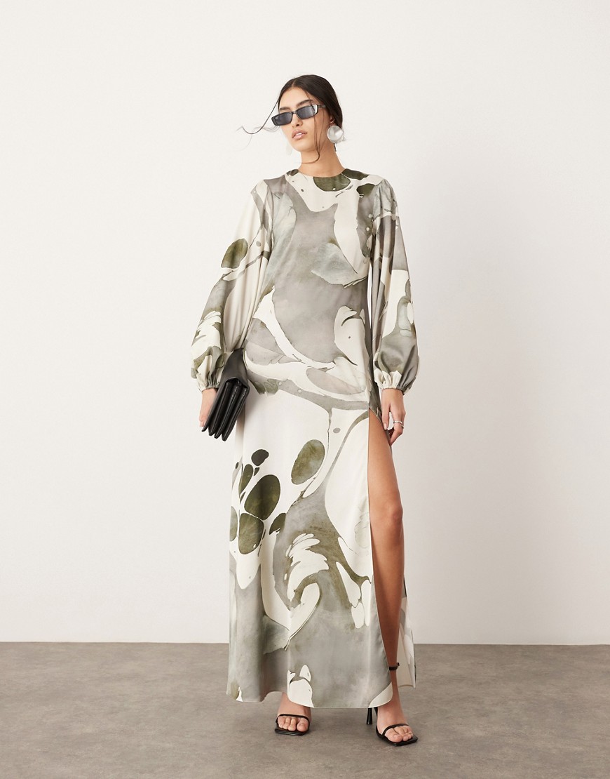 ASOS EDITION satin long sleeve smock dress in grey abstract print-Multi