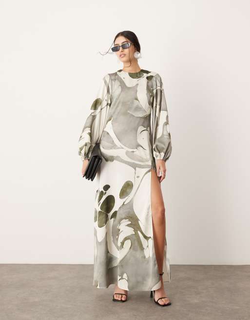 ASOS EDITION satin long sleeve smock dress in grey abstract print | ASOS