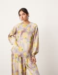 [ASOS EDITION] ASOS EDITION satin long sleeve top in blurred floral (part of a set)-Multi 16 Blurred floral