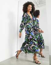 ASOS DESIGN Curve satin midi dress with blouson bodice in vintage floral  print